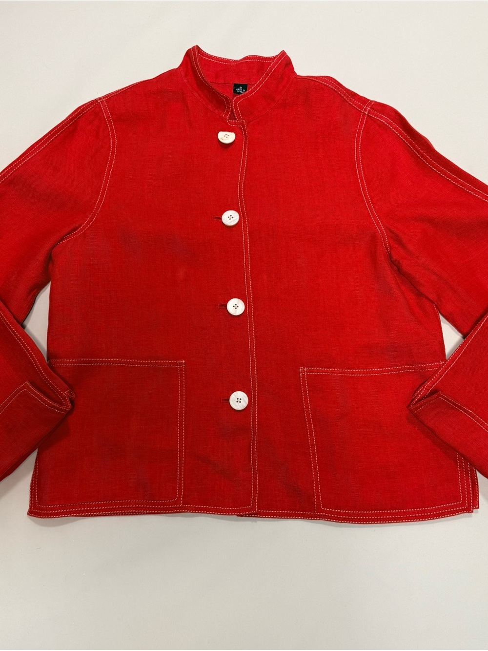 Linda Allard Ellen Tracy Linen Jacket Red Mandarin Collar Button Front Size 2